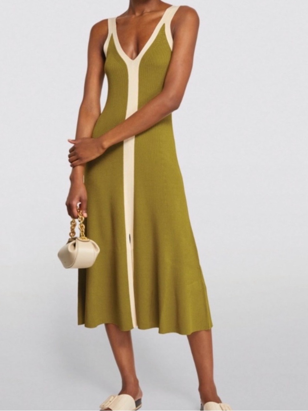 Sandro Olive Green Midi Dress with Cream Trim